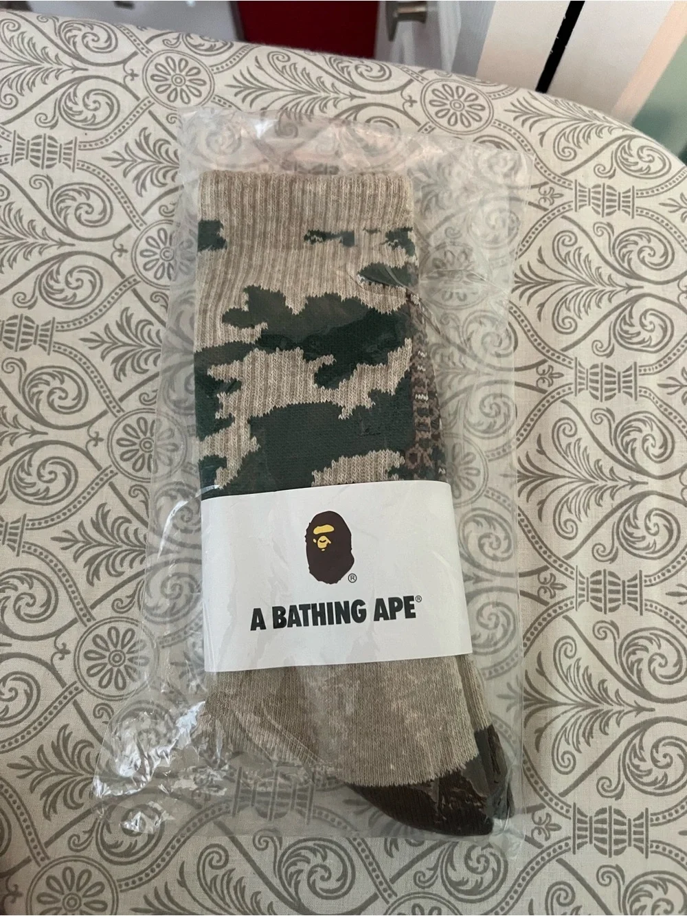 Bape Camouflage Crew Socks in Beige and Dark Green